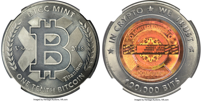 BTCC titanium Loaded (Unredeemed) 0.1 Bitcoin (BTC) 2018 MS67 Antiqued NGC, Ahon...