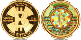 Casascius gold Proof Unloaded (Unfunded) "Gold Cas" 1000 Bitcoin (BTC) 2012 PR69 Ultra Cameo NGC, cf. Ahonen-pg 110. Total issued estimated: 20. Serie...