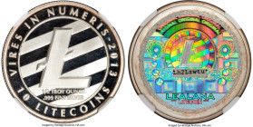 Lealana silver Proof Loaded (Unredeemed) 10 Litecoin (LTC) 2013 PR67 Ultra Cameo NGC, Ahonen-pg 201. Total issued: 2,000. Type PF. 30mm. Black address...