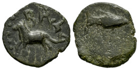 Balsa. Half unit. 50 BC. Tavira (Portugal). (Abh-195 var.). (MIB-170/3). (Acip-2510). Anv.: Horse left, legend BALƧA above. Rev.: Tunny right. Ae. 2,6...