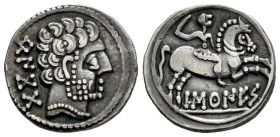 Baskunes-Barskunes. Denarius. 120-20 BC. Pamplona. (Abh-215). (MIB-87/14). (Acip-1630). Anv.: Bearded head right, iberian legend BENKODA behind. Rev.:...