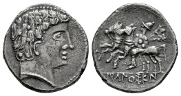 Ikalkusken. Denarius. 120-20 BC. Iniesta (Cuenca). (Abh-1396). (MIB-154/06c). (Acip-2071). Anv.: Male head right. Rev.: Horseman left, holding round s...