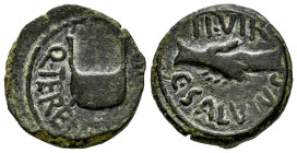 Ilici. Half unit. 50-30 BC. Elche (Alicante). (Abh-1513). (Acip-2623). Anv.: Sacrificial instrument?, MO above, Q. TERENT(IVS. II. VI)R around. Rev.: ...