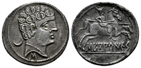 Sekobirikes. Denarius. 120-30 BC. Saelices (Cuenca). (Abh-2168). (MIB-125/14a). (Acip-1871). Anv.: Male head right, crescent behind and iberian letter...