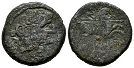 Teitiakos. Unit. 120-20 BC. North area of Ebro. (Abh-2383). (MIB-100/2). (Acip-1886). Anv.: Bearded male head right, iberian letters TEUS behind. Rev....