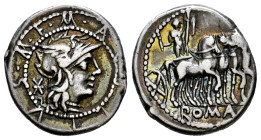 Acilius. Denarius. 130 BC. Rome. (Ffc-93). (Craw-255/1). (Cal-65). Anv.: M. ACILIVS. M. F. within two dotted circles arround head of Roma right, X beh...