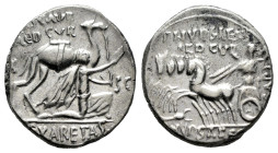 Aemilius. M Aemilius Scaurus y Pub. Plautius Hypsaeus. Denarius. 58 BC. Rome. (Ffc-120). (Craw-422/1b var.). Anv.: (M.) SCAVR. / AED. CVR., above king...