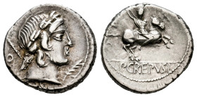 Crepusius. Publius Crepusius. Denarius. 82 BC. Rome. (Ffc-658). (Craw-361/1c). (Cal-523). Anv.: Laureate head of Apollo right, sceptre over shoulder, ...