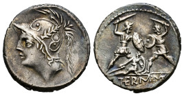 Minucius. Q. Minucius Thermus M.f. Denarius. 103 BC. Rome. (Ffc-928). (Craw-319/1). (Cal-1029). Anv.: Head of Mars left. Rev.: Two warriors fighting, ...