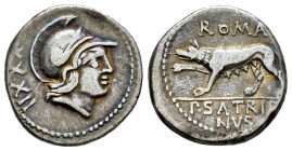 Satrienus. P. Satrienus. Denarius. 77 BC. Rome. (Ffc-1097). (Craw-388/1b). (Cal-1243). Anv.: Head of young Mars right, number behind. Rev.: ROMA, abov...