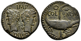 Augustus and Agrippa. Unit. 10 BC - 10 AD. Nemausus, Gaul. (Ric-I 158). (Rpc-I 524). (AMC-425). Anv.: Back to back laureate and rostral crowned head o...