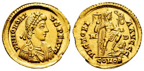 Honorius. Solidus. 394-395 AD. Mediolanum. (Ric-IX 35c = X 1206). (Depeyrot-16/2). (Toffanin-486/2). Anv.: D N HONORIVS P F AVG, pearl-diademed, drape...