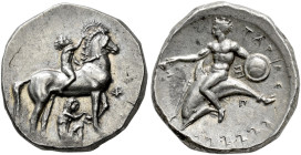 CALABRIA. 
TARENTUM. Nomos, about 340-335. AR 8.05 g. Nude ephebe on horse standing r., holding reins with his r. hand, crowning the animal with his ...