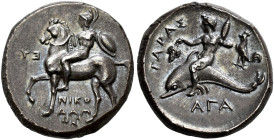 CALABRIA. 
TARENTUM. Nomos, about 302-280. AR 7.84 g. Horseman, nude but for helmet, seated on horse standing l., holding the reins with his r. hand,...