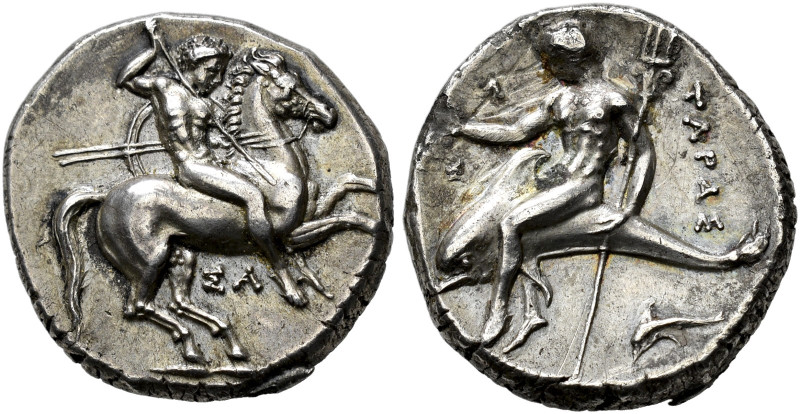 CALABRIA. 
TARENTUM. Nomos, about 281-272. AR 7.75 g Horseman, nude, on horse g...