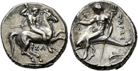 CALABRIA. 
TARENTUM. Nomos, about 281-272. AR 7.75 g Horseman, nude, on horse gallloping r., holding round shield and two spears with his l. hand, a ...