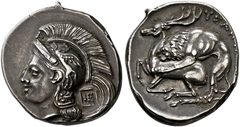 LUCANIA. 
HYELE (Velia). Nomos, about 290-275. AR 7.54 g. Head of Athena l., we...