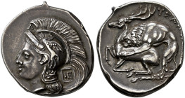 LUCANIA. 
HYELE (Velia). Nomos, about 290-275. AR 7.54 g. Head of Athena l., wearing crested Attic helmet decorated with griffon jumping l., neck gua...