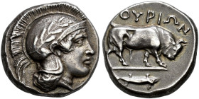 LUCANIA. 
THOURIOI. Nomos, about 420-400. AR 8.02 g. Head of Athena r., wearing crested and laureate helmet. Rev. ΘOYPIΩN Bull standing r., head lowe...