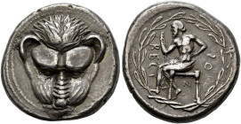 BRUTTIUM. 
RHEGION. Tetradrachm, about 461-450. AR 17.17 g. Facing mask of a lion, around, dotted border. Rev. RECI - N - OΣ The city-founder Iokaste...