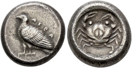 SICILIA. 
AKRAGAS. Didrachm, about 485-475. AR 8.52 g. AKRA Eagle standing l. Rev. Crab in a round incuse. SNG ANS 939 (same obv. die); Westermark 50...