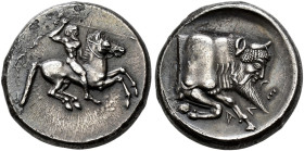 SICILIA. 
GELA. Didrachm, about 490-475. AR 8.38 g. Horseman, bearded and nude, on horse prancing r., holding reins with his l. hand, spear in his ra...