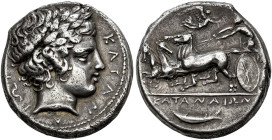 SICILIA. 
KATANE. Tetradrachm, about 415-404. AR 17.02 g. KATAN - A - IΩN Boyish, laureate head of Apollo r. Rv. KATANAIΩN (in exergue). Fast quadrig...
