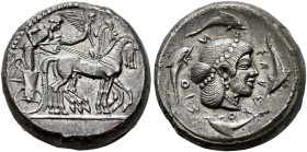 SICILIA. 
SYRACUSE. Tetradrachm, about 475-470. AR 16.61 g. Slow quadriga r., the standing driver, wearing long, sleeveless chiton, holding the reins...