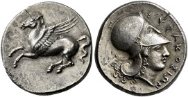 SICILIA. 
SYRACUSE. Timoleon and Third Democracy, 344-317 BC. Stater, Corinthian type. AR 8.50 g. Pegasus flying l. Rev. ΣYPAKOΣIΩN Head of Athena r....