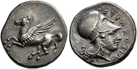 SICILIA. 
SYRACUSE. Stater, Corinthian type, AR 8.65 g. Pegasus flying l. Rev. ΣYPAKOΣIΩN Head of Athena r., wearing Corinthian helmet with long neck...