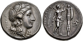 SICILIA. 
SYRACUSE. Agathokles, king and tyrant 317-289 BC. Tetradrachm, about 310-305. AR 16.68 g. KOPAΣ Head of Kore-Persephone r., crowned with ea...