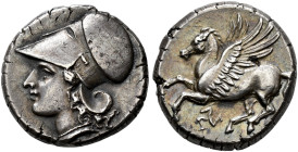 SICILIA. 
SYRACUSE. Agathokles, king and tyrant 317-289 BC. Stater, reduced Corinthian type, about 304-289. AR 6.82 g. Head of Athena l., wearing Cor...