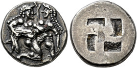 ISLANDS OFF THRACE. 
THASOS Stater, about 520-500. AR 8.38 g. Nude, ithyphallic Silenos, long hair falling down neck, running ("Knielauf") r., abduct...