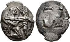 ISLANDS OFF THRACE. 
THASOS. Stater, about 520-500. 9.52 g. Nude, ithyphallic Silenus kneeling r., long hair falling down neck, he holds with both hi...