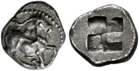 MACEDONIA. 
AIGAI. Trihemiobol, about 460. AR 1.06 g. Goat kneeling r. Rev. Four-part incuse square. Klein, KM 144; SNG ANS 66.
Fine toning and high...