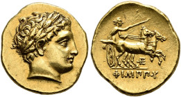 KINGDOM OF MACEDONIA. 
PHILIPPUS II, king 359-336 BC. Stater, gold, posthumous, Pella, about 323-315. AV 8.59 g. Laureate head of Apollo r. Rev. ΦIΛI...