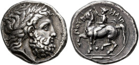 KINGDOM OF MACEDONIA. 
PHILIPPUS II, king 359-336 BC. Tetradrachm, Amphipolis, about 355-349. AR 14.38 g. Laureate, bearded head of Zeus r. Rev. ΦIΛΙ...