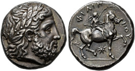 KINGDOM OF MACEDONIA. 
PHILIPPUS II, king 359-336 BC. Tetradrachm, Pella, about 338-328. AR 14.47 g. Bearded, laureate head of Zeus r. Rev. ΦIΛIΠ - Π...