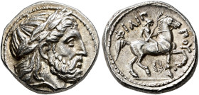 KINGDOM OF MACEDONIA. 
PHILIPPUS II, king 359-336 BC. Tetradrachm, Amphipolis, posthumous, about 323-316. AR 14.45 g. Laurate, bearded head of Zeus r...