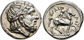 KINGDOM OF MACEDONIA. 
PHILIPPUS II, king 359-336 BC. Tetradrachm, Amphipolis, posthumous, about 323-316. AR 14.11 g. Laurate, bearded head of Zeus r...