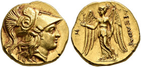 KINGDOM OF MACEDONIA. 
ALEXANDROS III THE GREAT, king 336-323 BC. Stater, gold, Sidon, posthumous, dated 316-315. AV 8.60 g. Head of Athena r., weari...