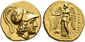 KINGDOM OF MACEDONIA. 
ALEXANDROS III THE GREAT, king 336-323 BC. Stater, gold, Tarsus, about 327-323. AV 8.67 g. Head of Athena r., wearing Corinthi...