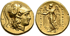 KINGDOM OF MACEDONIA. 
ALEXANDROS III THE GREAT, king 336-323 BC. Stater, gold, posthumous, Babylon, about 323-317. AV 8.60 g. Head of Athena r., wea...