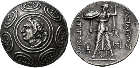 KINGDOM OF MACEDONIA. 
ANTIGONUS GONATAS, king 277-239 BC. Tetradrachm, Amphipolis, about 273-271. AR 16.89 g. In the centre of a Macedonian shield, ...