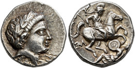 KINGDOM OF PAEONIA. 
PATRAOS, king 340-315 BC. Tetradrachm. AR 12.61 g. Laureate head of Apollo r. Rev. PAT - PAO-Y Cuirassed ad helmeted Paonian hor...