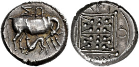 ILLYRIA. 
DYRRHACHION. Drachm (Victoriate), about 270-235. AR 3.36 g. Cow standing r., turning her head towards her suckling calf; above, sw Rev. Gar...