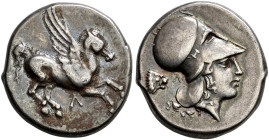 ACARNANIA. 
LEUKAS. Stater, Corinthian type, about 350-320. AR 8.49 g. Λ Pegasus flying r. Rev. Head of Athena r., wearing Corinthian helmet with lar...