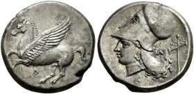 ACARNANIA. 
LEUKAS. Stater, Corinthian type, about 320-280. AR 8.49 g. Λ Pegasus flying l. Rev. Head of Athena l., wearing Corinthian helmet with lar...