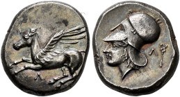 ACARNANIA. 
LEUKAS. Stater, Corinthian type, about 320-280. AR 8.60 g. Λ Pegasus flying l. Rev. Head of Athena l., wearing Corinthian helmet with lar...