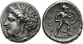 LOCRIS. 
LOCRI OPUNTII. Stater, about 350-340. AR 12.03 g. Head of Demeter l., crowned with ears of corn, wearing necklace and triple pendant earring...